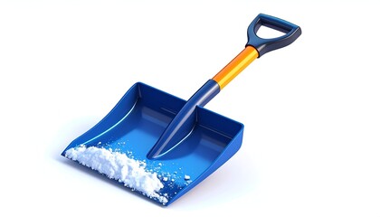 Colorful shovel with blue scoop and snow, isolated on white background
