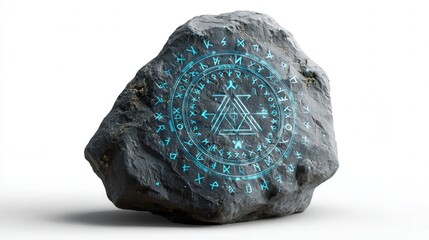 Ancient rune stone with futuristic hologram symbols isolated on white background