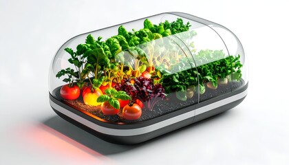 Small, futuristic indoor garden with glowing vegetables and herbs