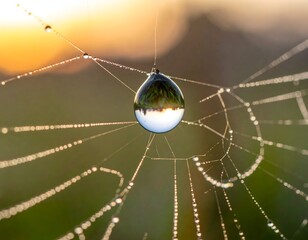 Close-up of dewdrop on a spiderweb with inverted, natural reflection