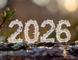 Frosted ice-like numbers 2026 sit on a log; soft sunlight blurs