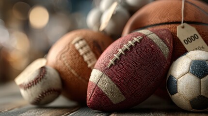 A collection of various sports balls including basketball, football, and baseball.