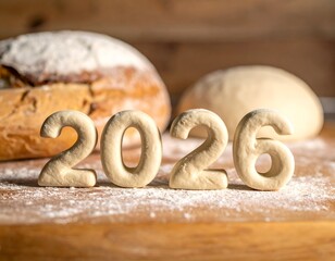 Doughy "2026" stands before loaves of bread on a floury surface