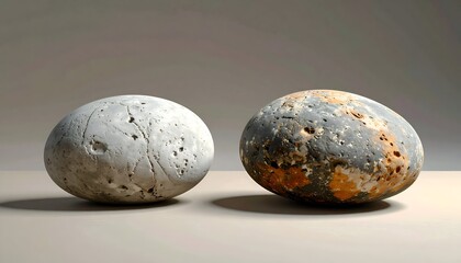 Two smooth, weathered stones, one white, one speckled, with interesting textures