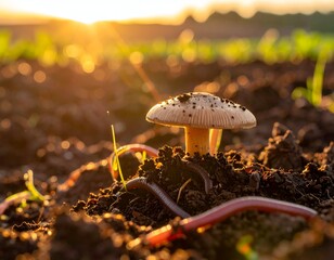 Mushroom growing from earth at sunrise with earthworms