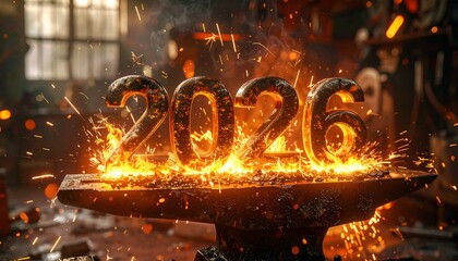 Glowing, fiery numbers "2026" forged on an anvil, sparks flying
