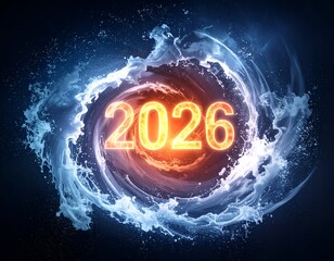 Animated year "2026" emerges from swirling blue water and orange fire