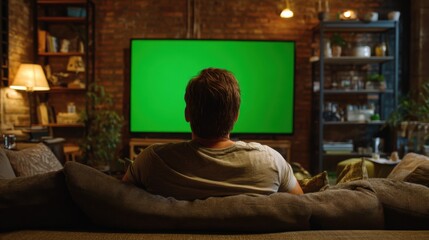 Man watching television with a green screen chromakey in a dark living room. Relaxation concept for advertising or presentation use. Person watch tv with chroma key background at cozy home.
