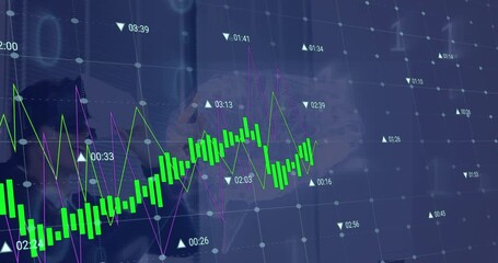 Animation of financial data processing over human brain against woman wearing vr headset - Powered by Adobe