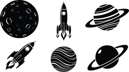 Black silhouette space icons including planetary orbits rocket ships flying planets moon surface and cosmic exploration themed vector art in minimal flat design style