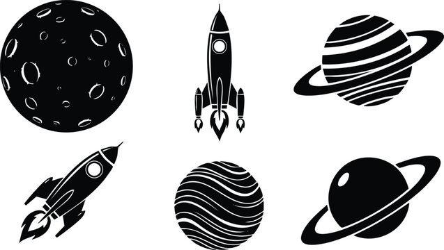 Black silhouette space icons including planetary orbits rocket ships flying planets moon surface and cosmic exploration themed vector art in minimal flat design style