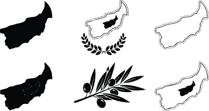 Vector collection of tenedos island black and white map silhouettes with olive branch and laurel wreath symbols in minimalist flat design style isolated on white background