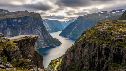 Scenic Fjord Landscape with Mountains and Water.