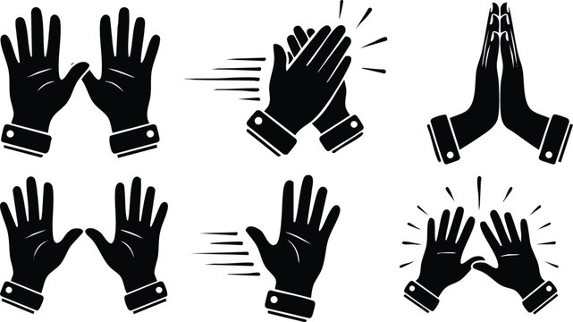 Black silhouette hands various gestures clapping praying waving high five isolated on white background vector art collection of hand symbols with movement lines and cuffs in flat design style