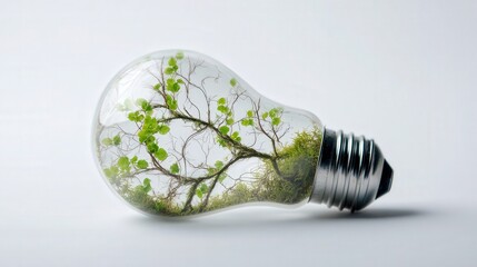 artistic light bulb filled with plants isolated on white background