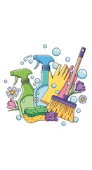 Spring cleaning essentials with flowers and cleaning supplies