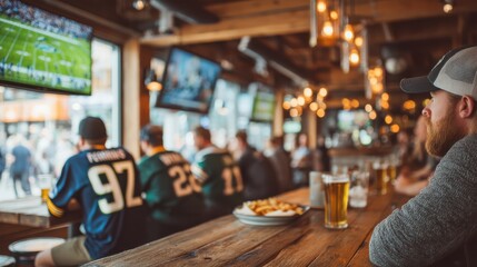 Sports bar featuring team decorations and loyal fans celebrating a game day atmosphere.