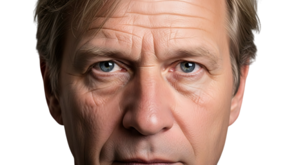 Closeup portrait of a middleaged man with blue eyes and wrinkled face looking directly at the camera