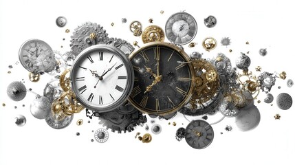 artistic representation of time as floating clock parts isolated on white background