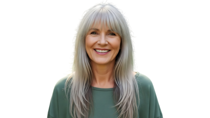 Smiling senior woman with long gray hair wearing green shirt isolated on white background