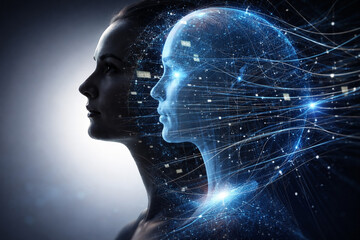 AI generated digital human and artificial intelligence visual of layered human and digital faces connected by data streams symbolizing cognitive fusion future technology and innovation