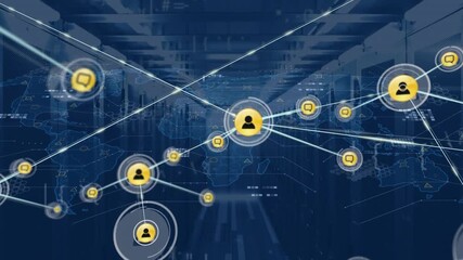 Animation of network of connections with icons and data processing over server room - Powered by Adobe