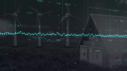 Animation of financial data processing over wind turbines and house - Powered by Adobe