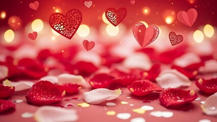 Romantic Valentine's Day background with red hearts and rose petals
