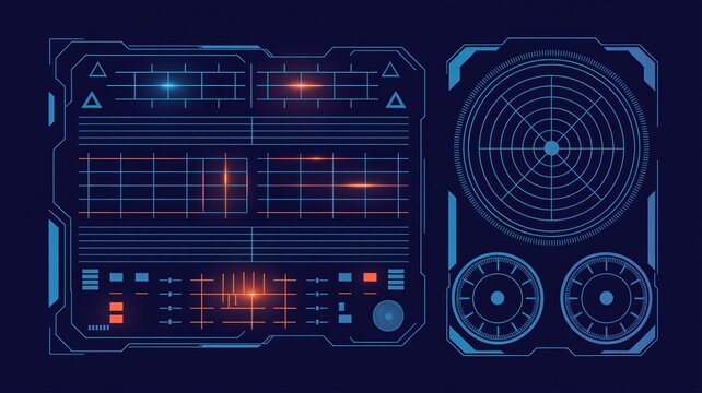 Futuristic control panel with neon lights and radar screen - Powered by Adobe