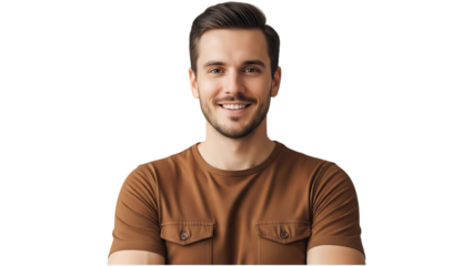 Handsome Smiling Young Man in Casual Brown T Shirt, Friendly Male Portrait with Confident Expression Isolated on White Background