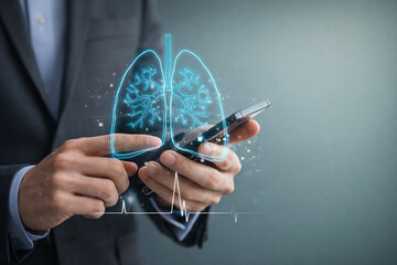AI generated digital healthcare mobile health technology with holographic human lungs on smartphone displaying realtime medical data telemedicine diagnostics and smart health innovation