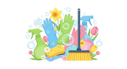 Spring cleaning tools and flowers concept with gloves and cleaning supplies