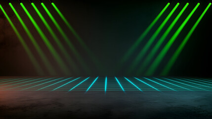 Vibrant stage with green lights illuminating grid pattern, creating energetic atmosphere

