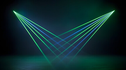 Vibrant green and blue laser beams create stunning visual display against dark background

