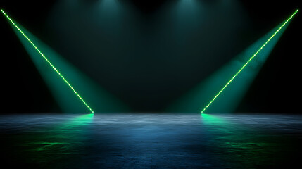 Green stage lights create dramatic atmosphere in dark setting, perfect for performances
