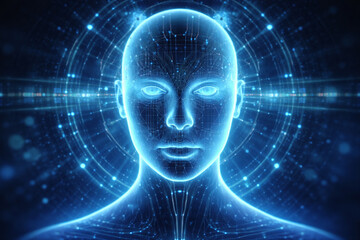 AI generated digital human face with glowing circuitry and neural patterns representing artificial intelligence consciousness data processing and future technology