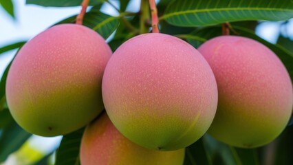 Ripe Mangoes Hanging from Tree Branch.