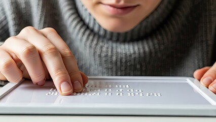 Close-up of a visually impaired person's hands reading Braille text, emphasizing accessibility and education for the blind