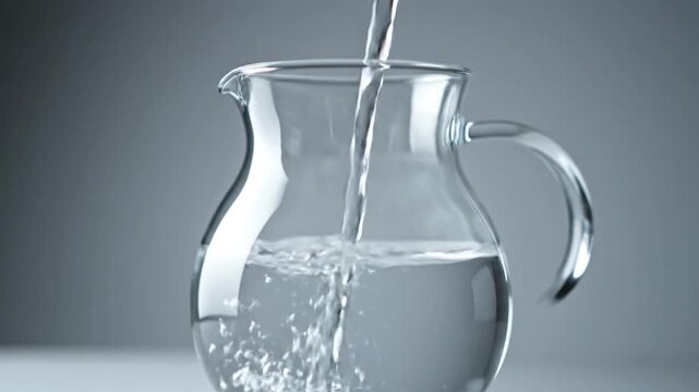 A glass pitcher being filled with flowing water, droplets creating splashes. Neutral grey background
