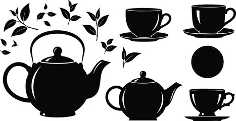 Black silhouette tea set with teapots cups saucers and decorative leaves isolated on white background vintage style vector art collection with varied shapes and details