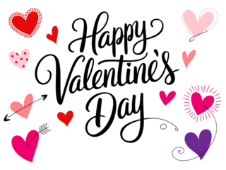 Happy valentine s day greeting with multiple colorful hearts and decorative lettering on black