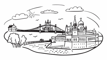 Fototapeta premium Very beautiful aerial sunrise panorama of Budapest, Hungary, capturing Buda Castle, Szechenyi Chain Bridge, Hungarian Parliament, and Matthias Church under a clear blue sky and soft morning light.