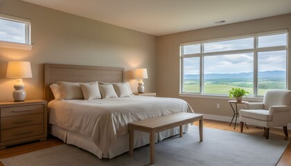 A serene bedroom with a large bed, nightstands, and a comfortable chair, offering a breathtaking view of the rolling hills and green landscape outside the window.
