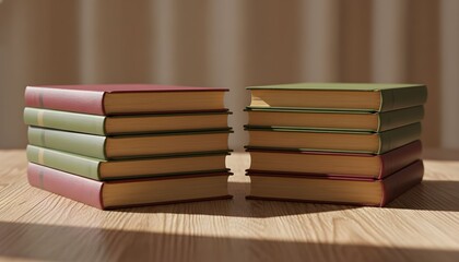 A stack of books with one book missing in the middle on a wooden table indoors