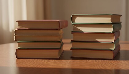 Stacks of books are sitting on a wooden table indoors