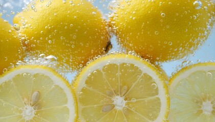 Lemons are dropped into water with slices floating on surface