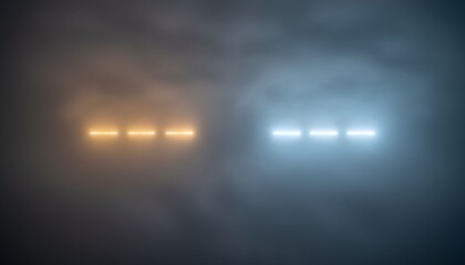 Glowing orange and blue lights emit through a foggy nighttime scene with mysterious ambiance and contrasting colors.