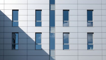 A sleek modern building facade with rows of windows reflects light and shadow.