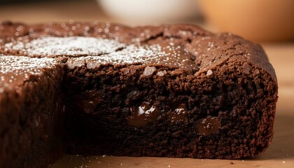 A rich, decadent chocolate cake with a slice cut out, sits on a wooden surface, surrounded by a blurred background, showcasing the dense, fudgy texture and powdered sugar on top.