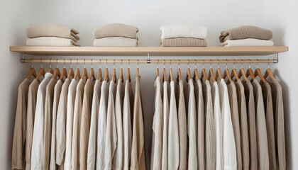 A neatly organized closet with various clothing items hanging on wooden hangers and folded garments on a shelf.